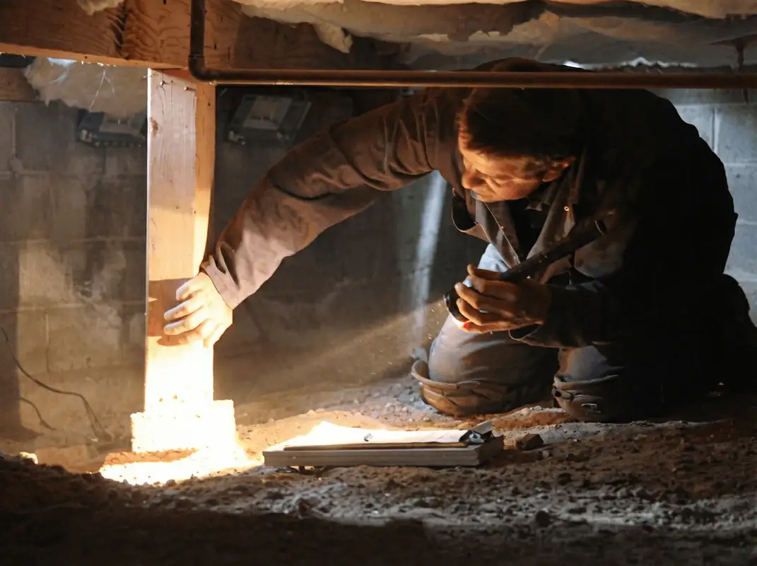 A professional inspecting wooden beams under the floor of a structure in Columbia, MO